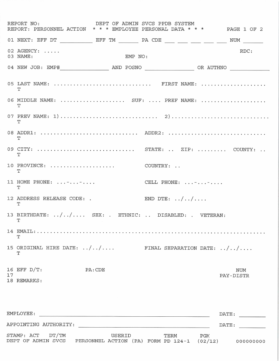 Form PD124-1 Personnel Action Form - Oregon, Page 1