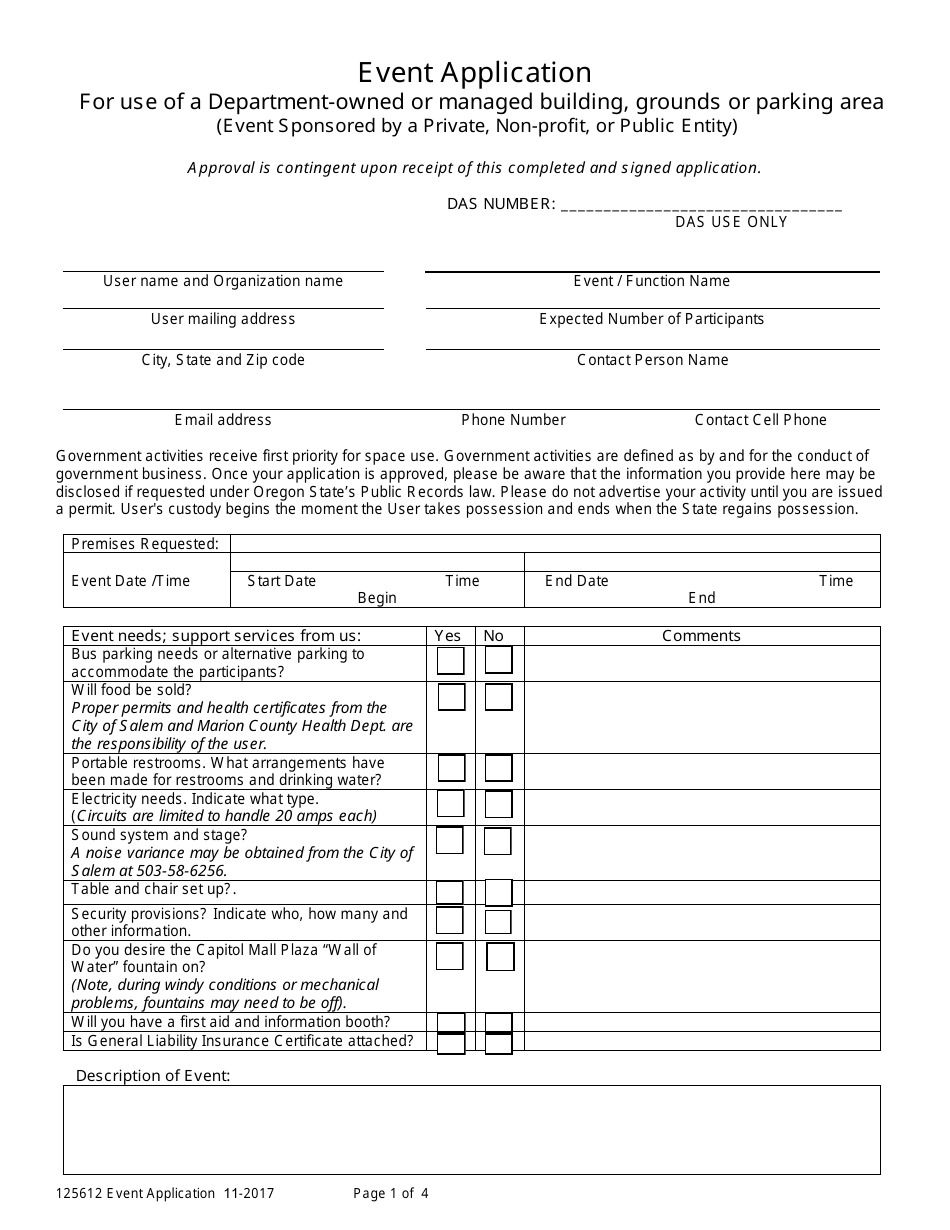Event Application for Use of a Department-Owned or Managed Building, Grounds or Parking Area (Event Sponsored by a Private, Non-profit, or Public Entity) - Oregon, Page 1