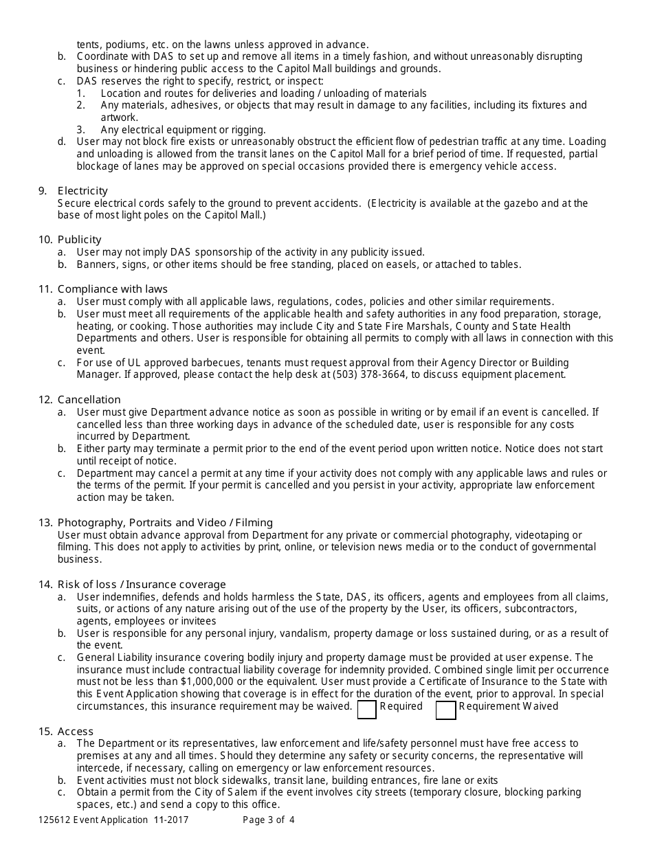 Event Application for Use of a Department-Owned or Managed Building, Grounds or Parking Area (Event Sponsored by a Private, Non-profit, or Public Entity) - Oregon, Page 3