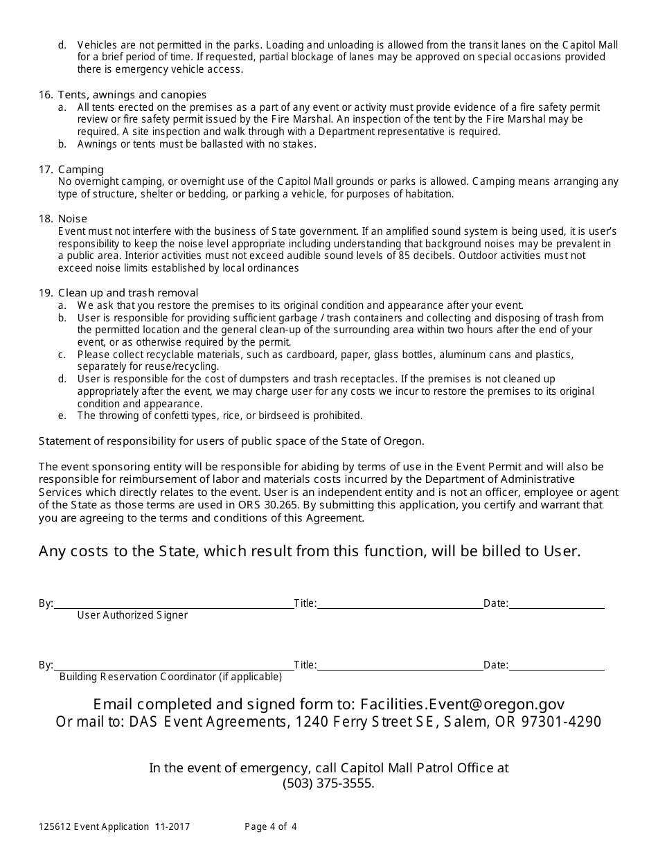 Event Application for Use of a Department-Owned or Managed Building, Grounds or Parking Area (Event Sponsored by a Private, Non-profit, or Public Entity) - Oregon, Page 4