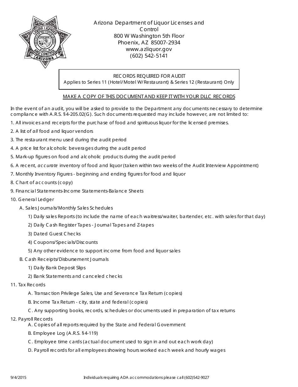 Records Required for Audit - Arizona, Page 1