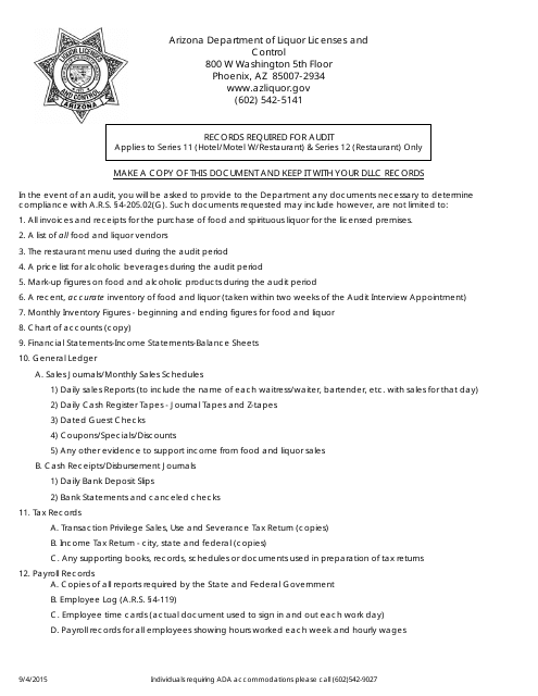 Records Required for Audit - Arizona Download Pdf