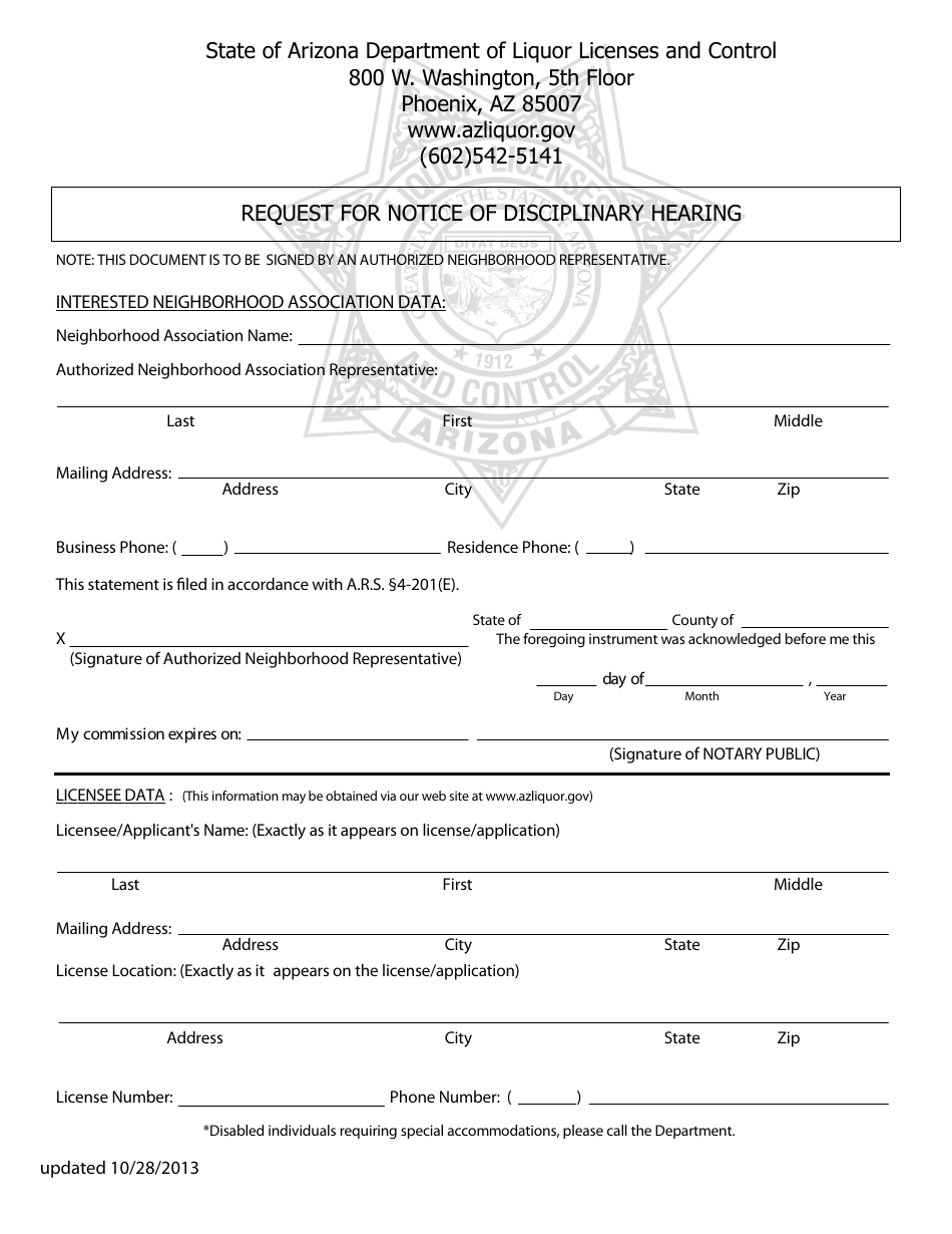 Request for Notice of Disciplinary Hearing - Arizona, Page 1