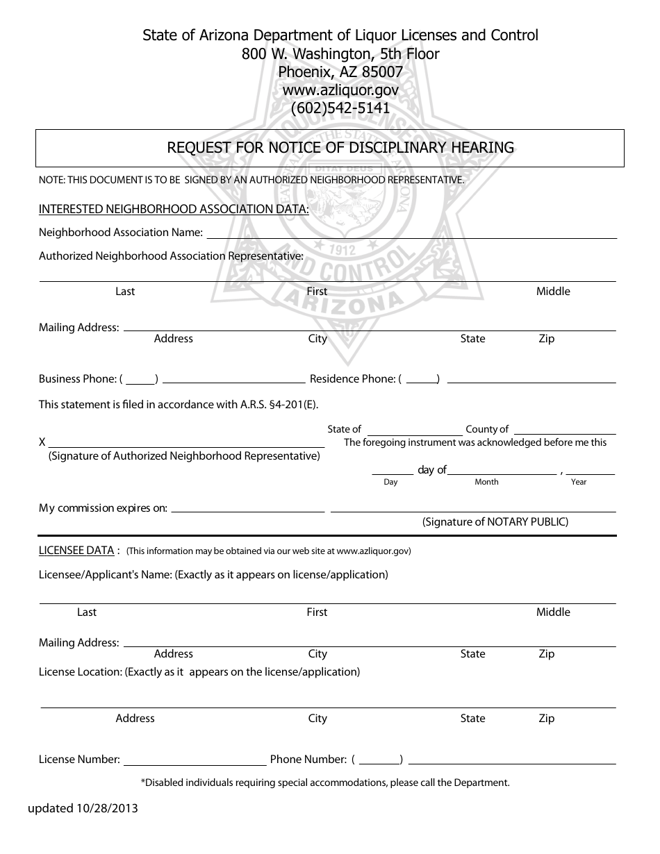 Arizona Request For Notice Of Disciplinary Hearing Download Fillable Pdf Templateroller