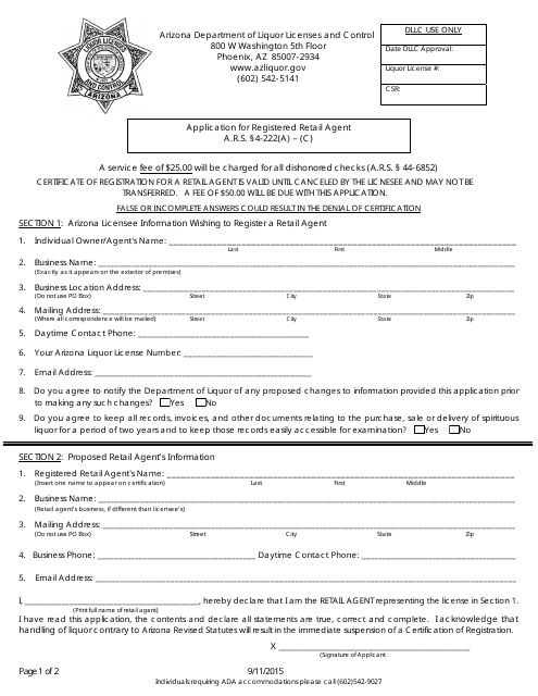 Application for Registered Retail Agent - Arizona Download Pdf