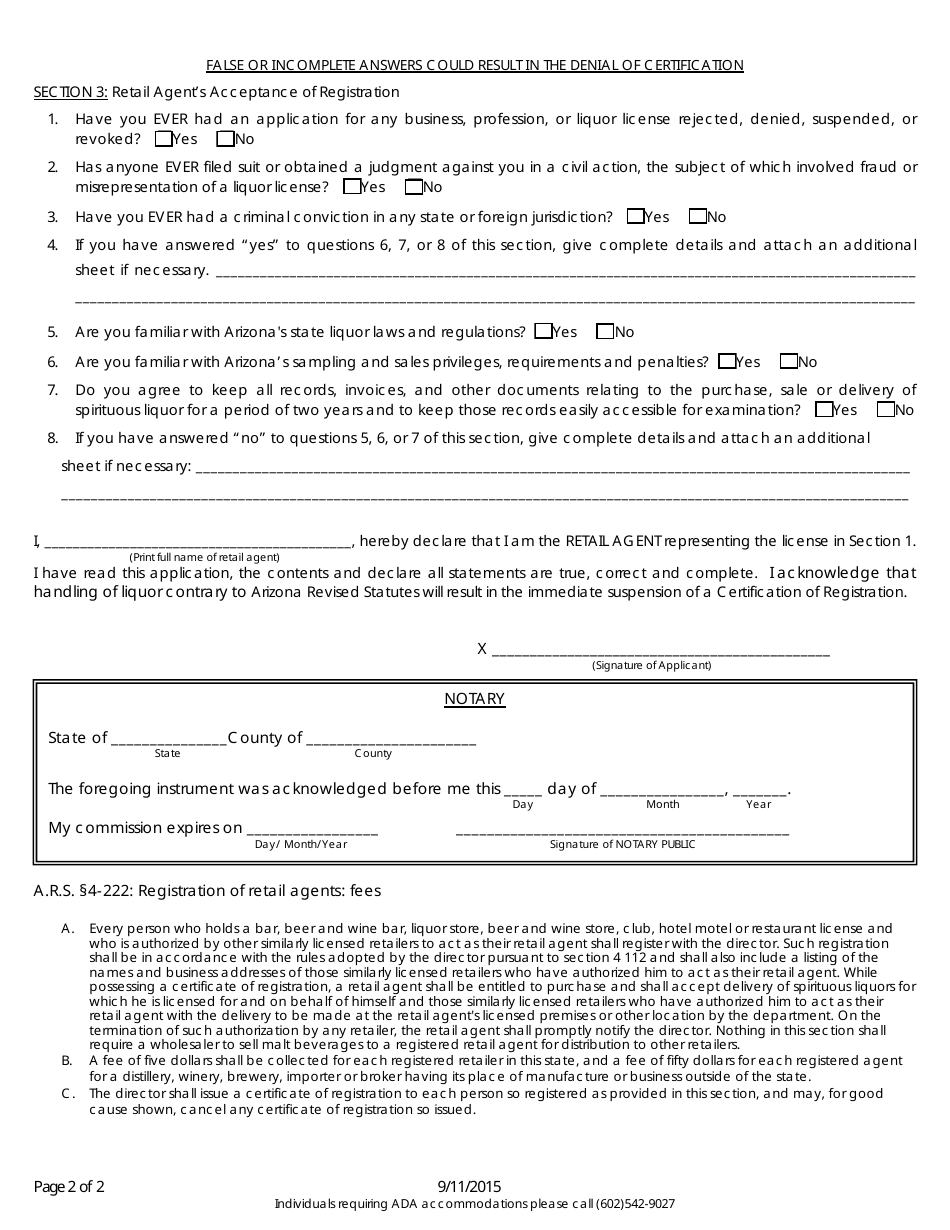 Application for Registered Retail Agent - Arizona, Page 2