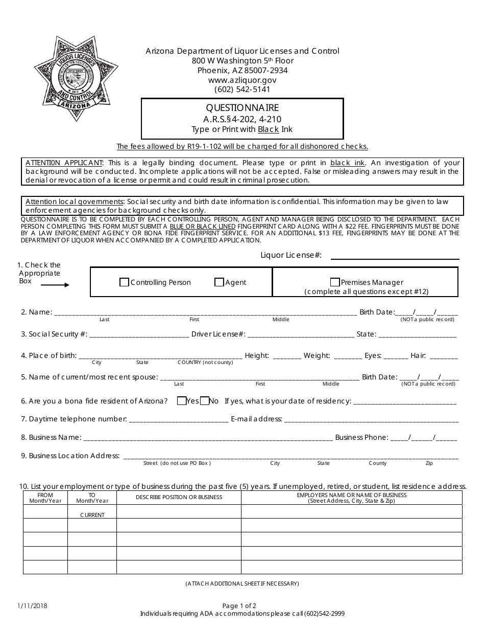 Arizona Questionnaire - Fill Out, Sign Online and Download PDF ...