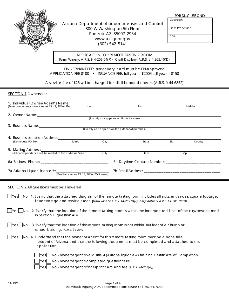 Application for Remote Tasting Room - Arizona, Page 1