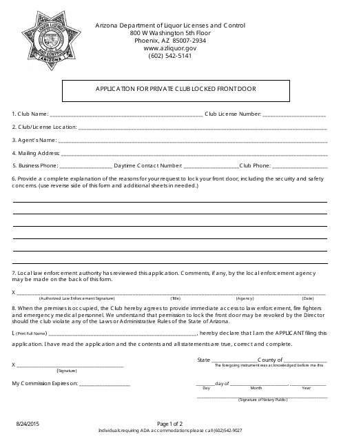 Application for Private Club Locked Front Door - Arizona Download Pdf