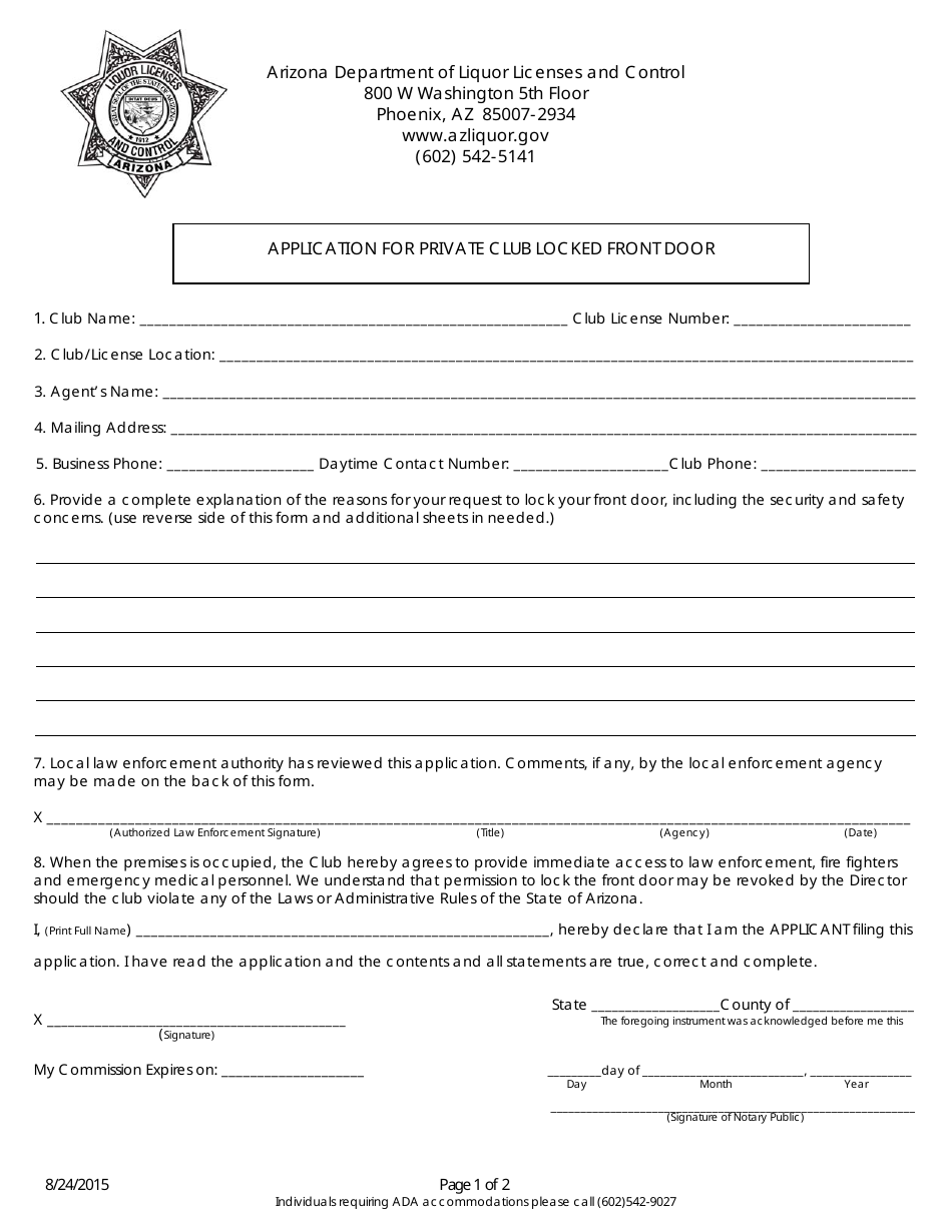 Arizona Application for Private Club Locked Front Door Download Printable  PDF | Templateroller