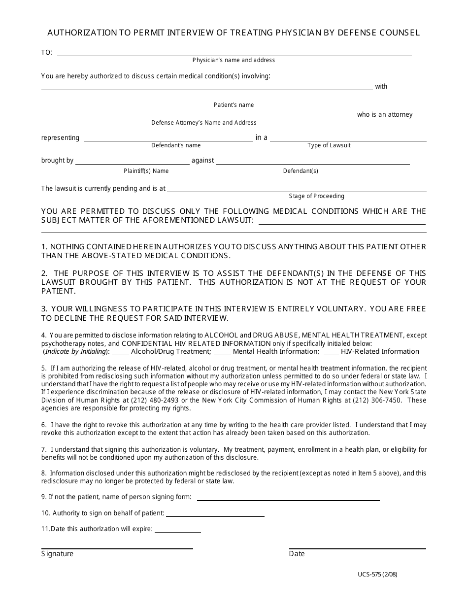 Form UCS-575 Authorization to Permit Interview of Treating Physician by Defense Counsel - New York, Page 1