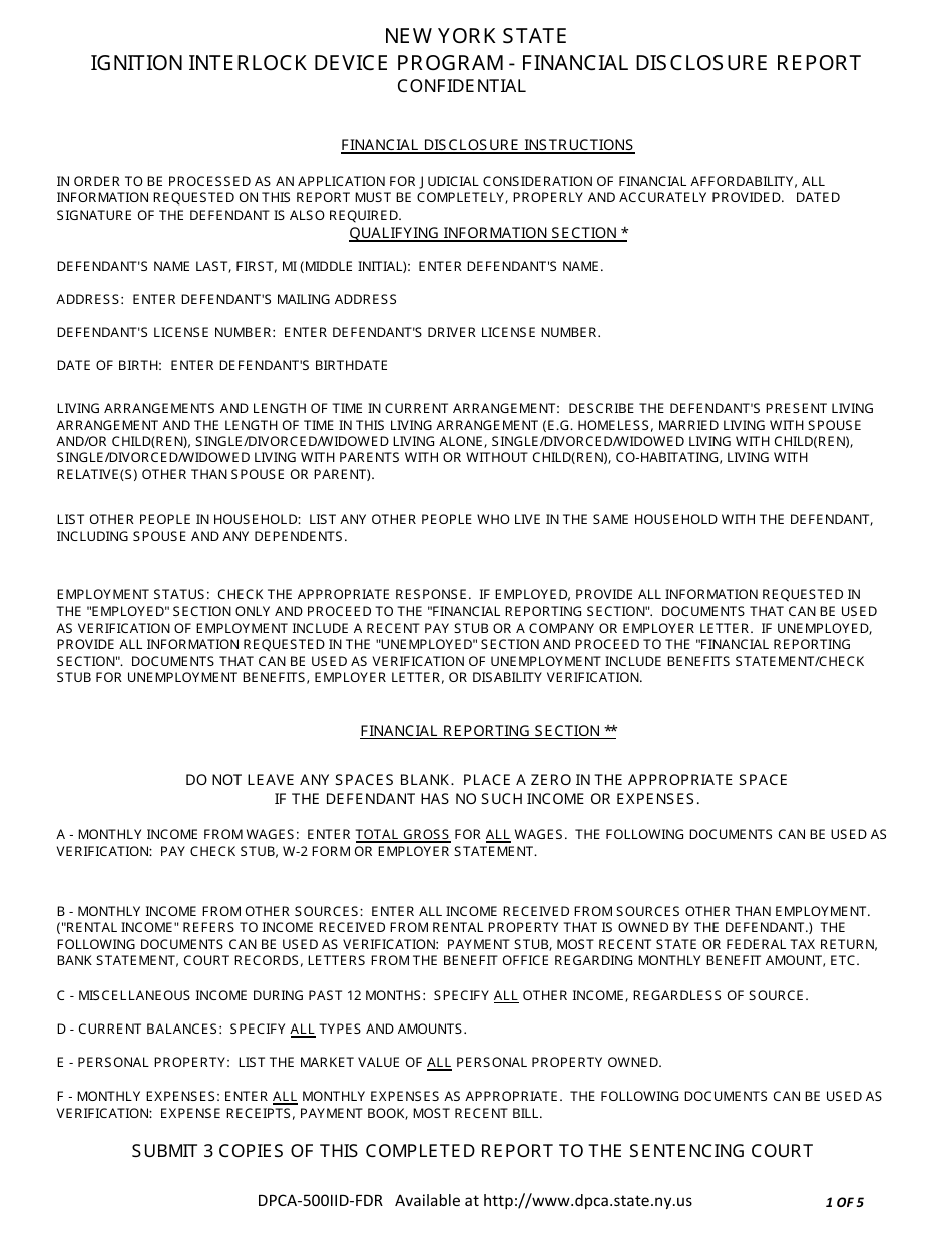 Form DPCA-500IID-FDR Ignition Interlock Device Program - Financial Disclosure Report - New York, Page 1
