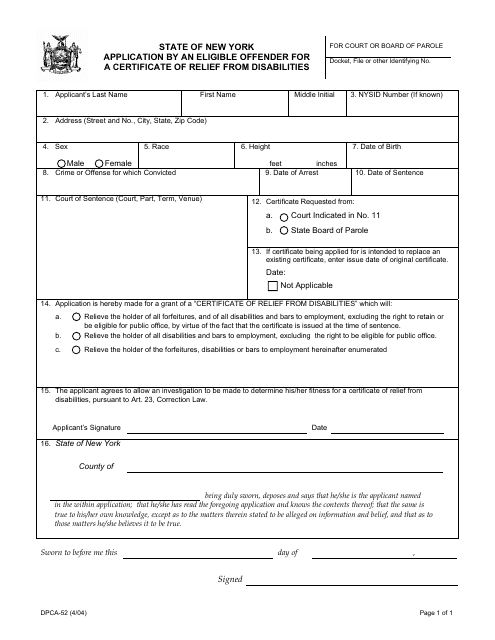 Form DPCA-52 Application by an Eligible Offender for a Certificate of Relief From Disabilities - New York