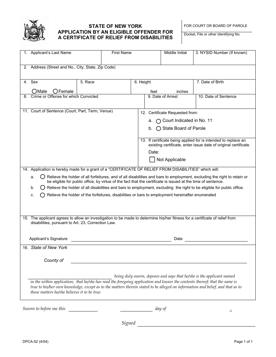 Form DPCA-52 Application by an Eligible Offender for a Certificate of Relief From Disabilities - New York, Page 1
