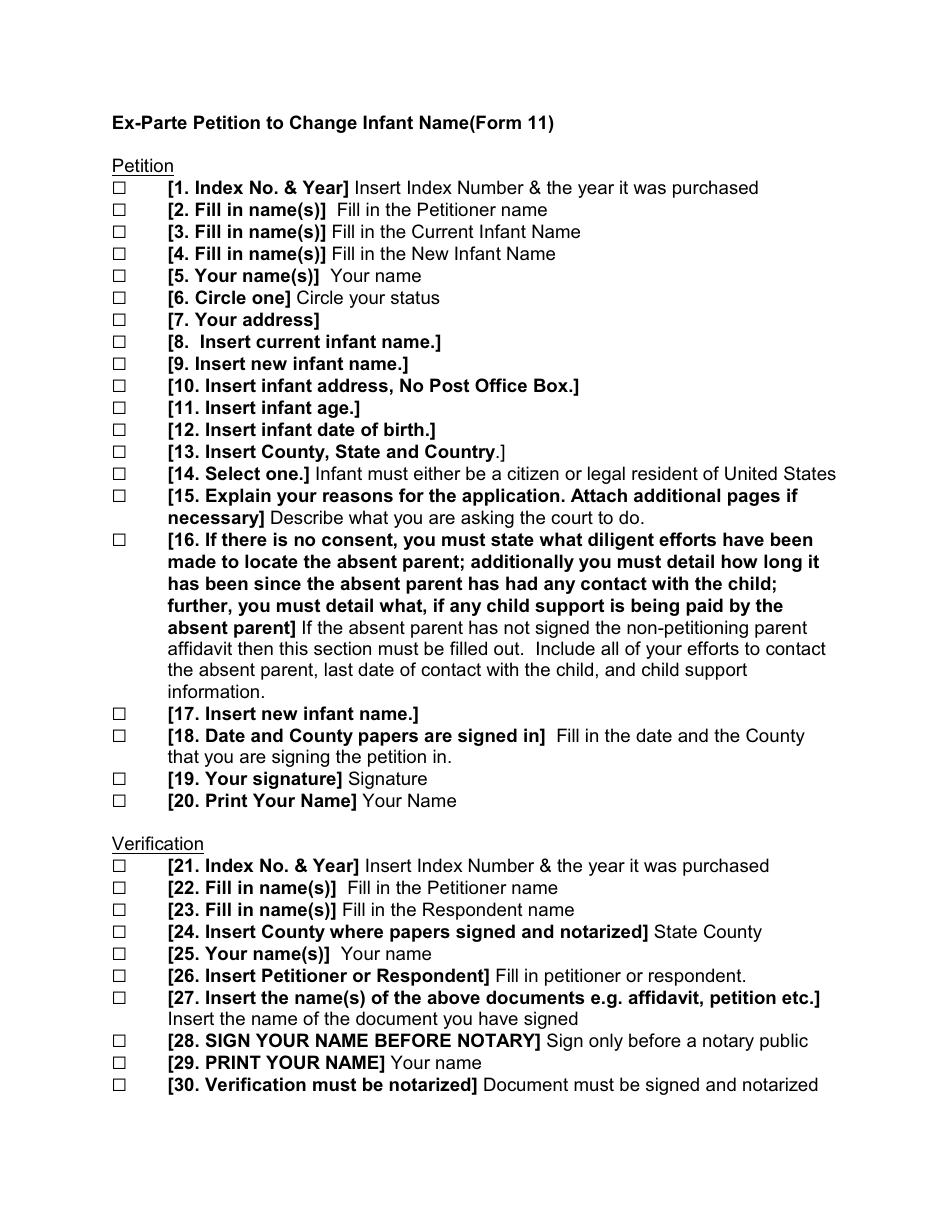 Instructions for Form 11 Ex-parte Petition for Change of Infants Name - Nassau County, New York, Page 1