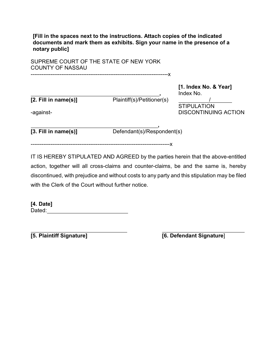 Form 32 Stipulation Discontinuing Action - Nassau County, New York, Page 1