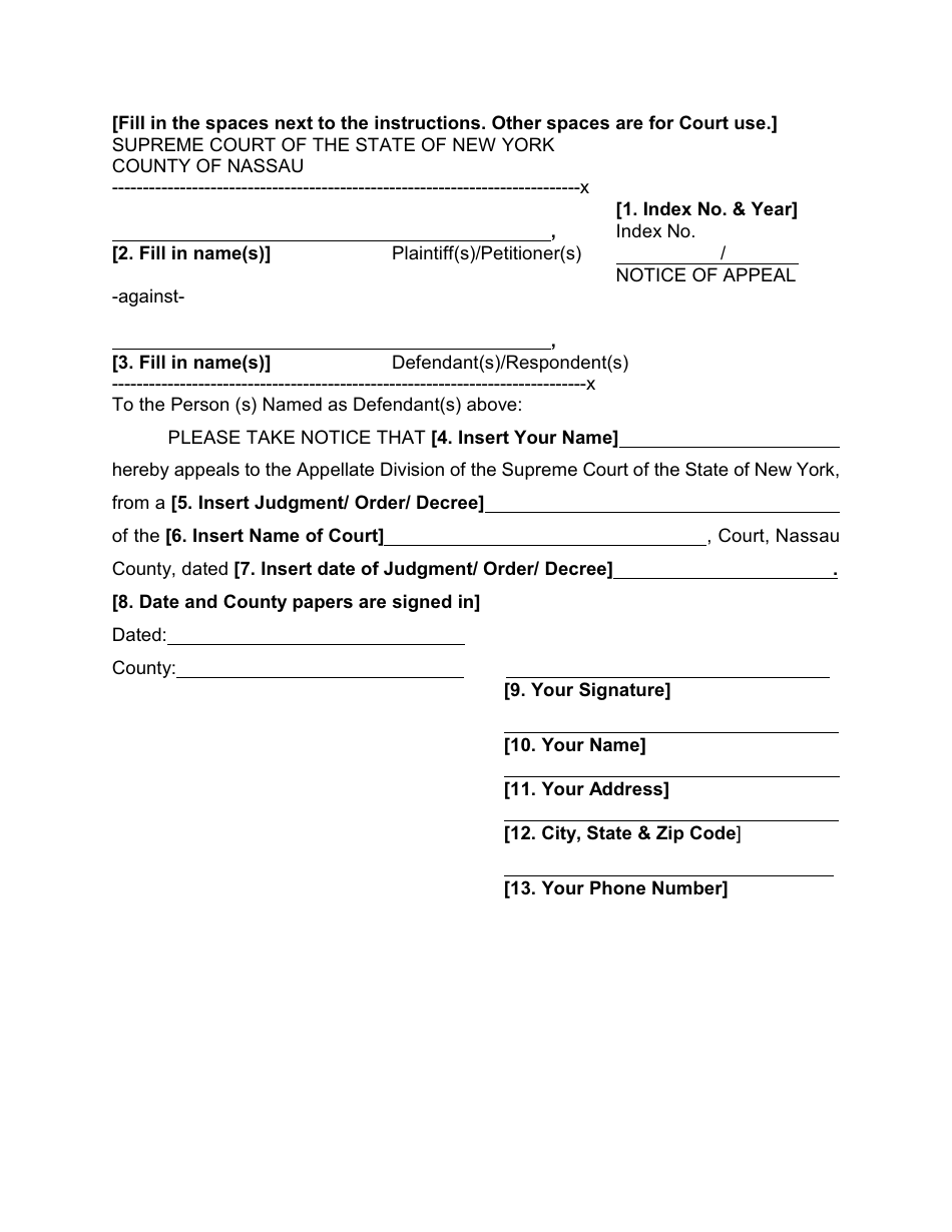 Form 45 Notice of Appeal - Nassau County, New York, Page 1