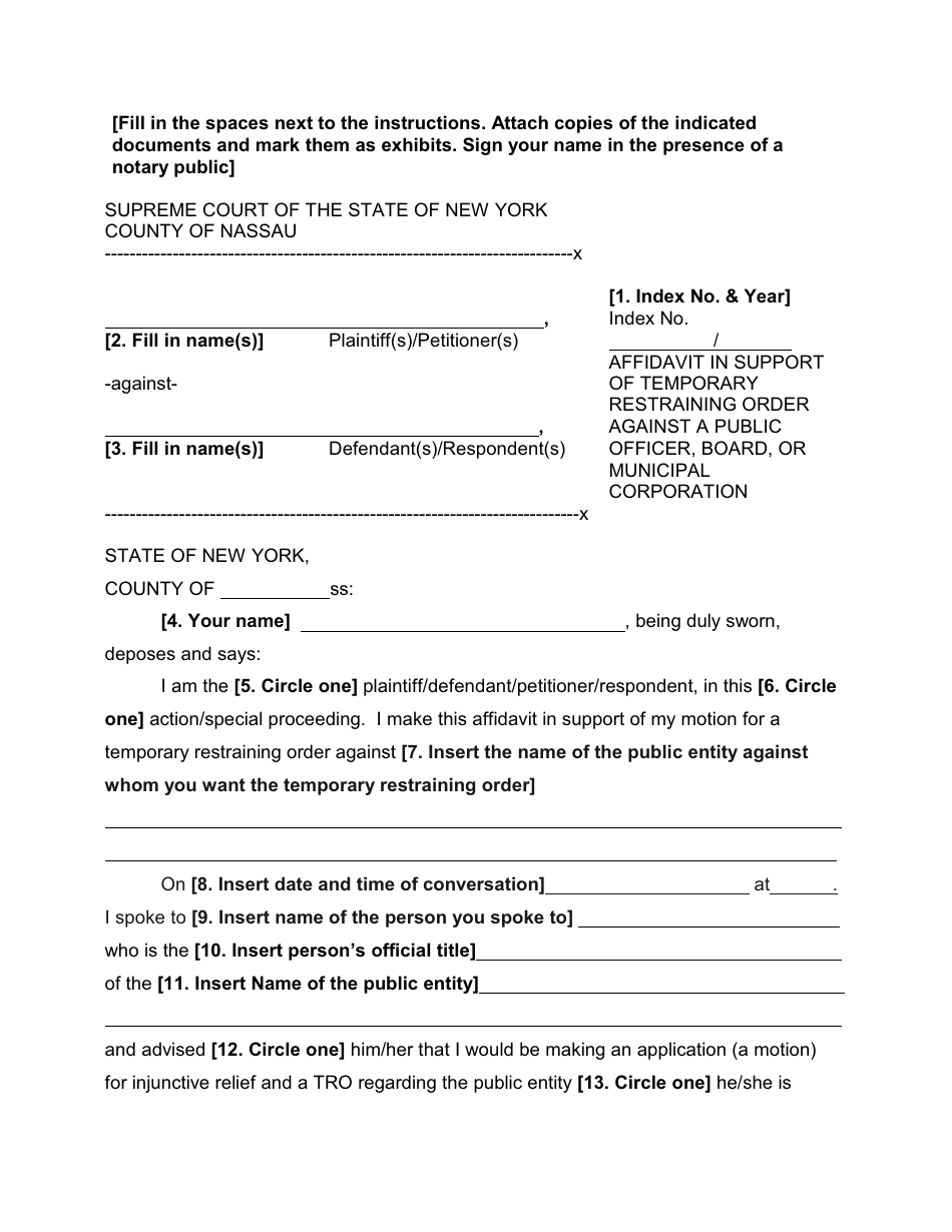 Affidavit in Support of Temporary Restraining Order Against a Public Officer, Board, or Municipal Corporation - Nassau County, New York, Page 1