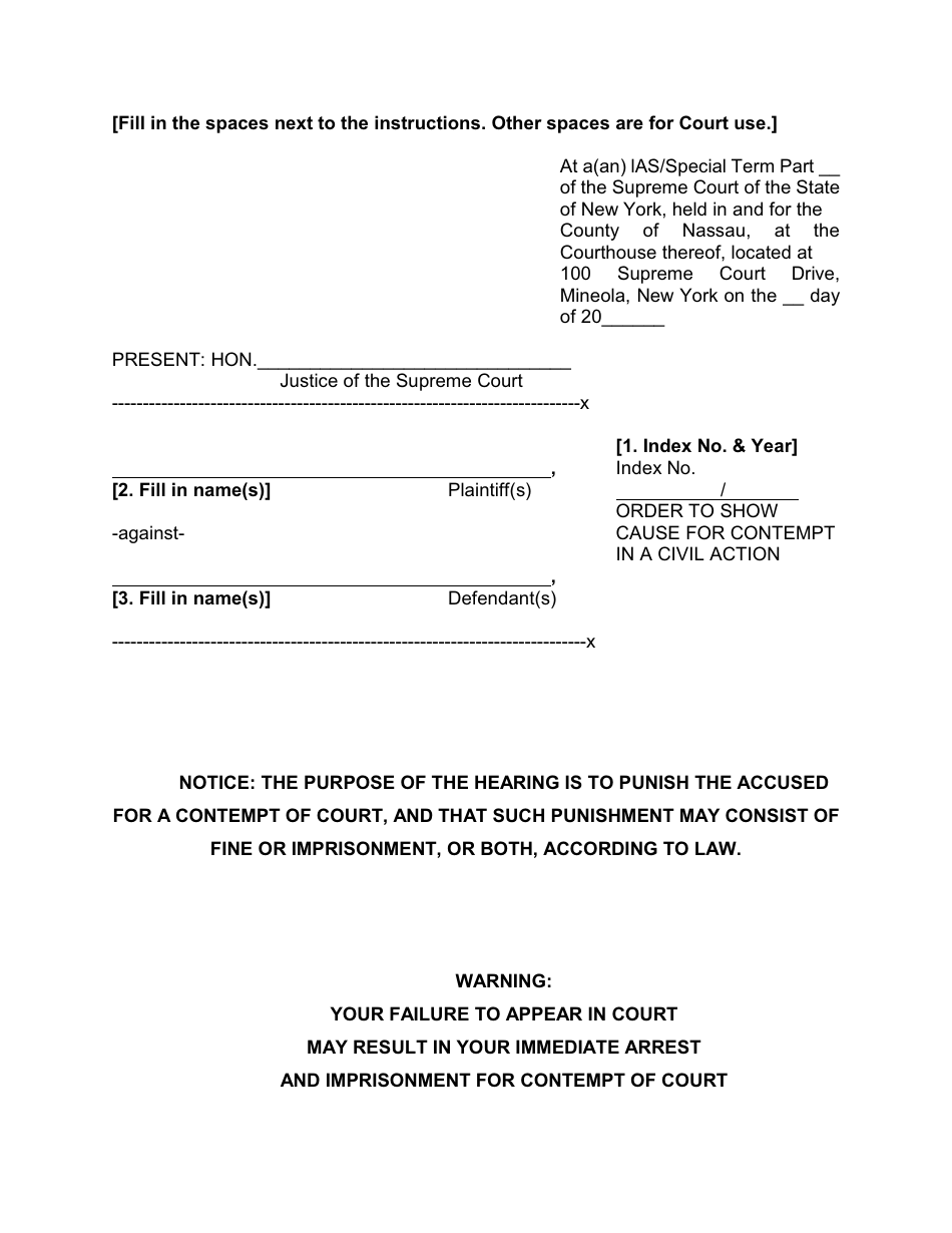 Form 6 Order to Show Cause for Contempt in a Civil Action - Nassau County, New York, Page 1