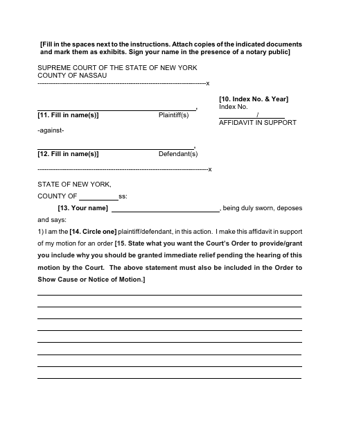 Form 39 Affidavit in Support of a Temporary Restraining Order in a Civil Action - Nassau County, New York
