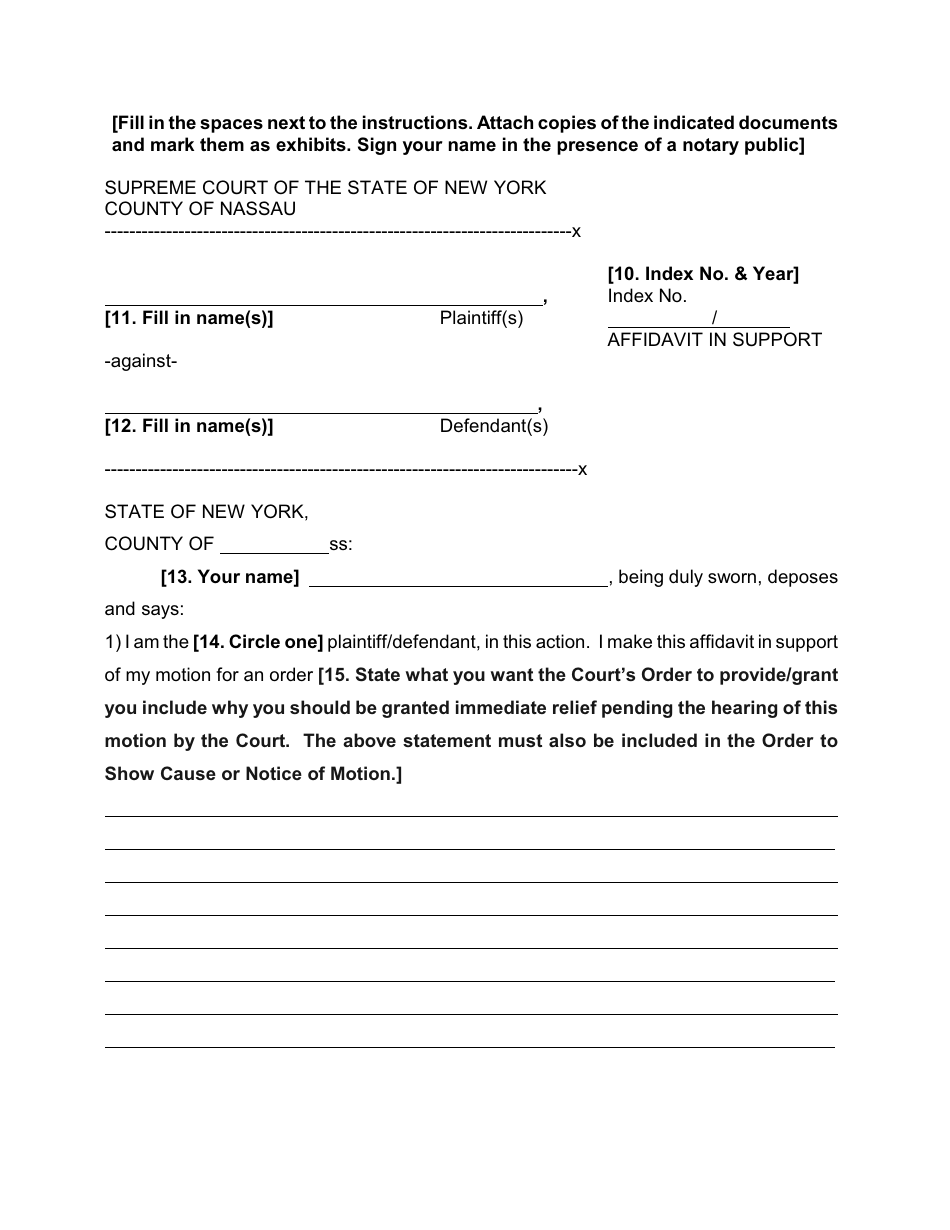 Form 39 Affidavit in Support of a Temporary Restraining Order in a Civil Action - Nassau County, New York, Page 1
