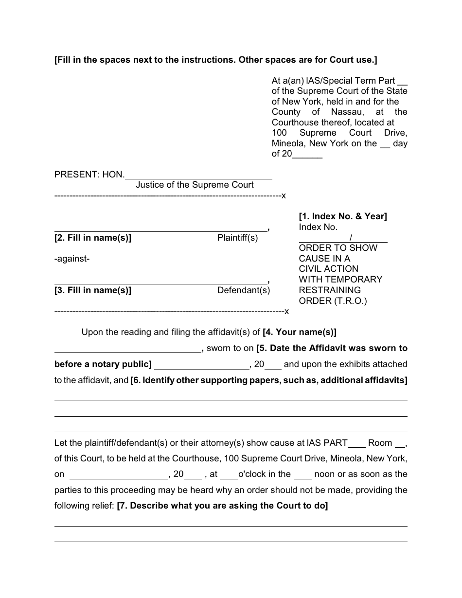 Form 3 Order to Show Cause in a Civil Action With Temporary Restraining Order (T.r.o.) - Nassau County, New York, Page 1