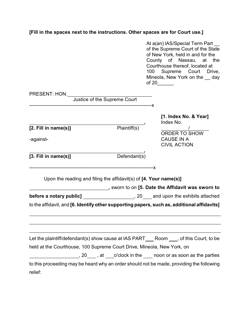 Form 2 Order to Show Cause in a Civil Action - Nassau County, New York, Page 1