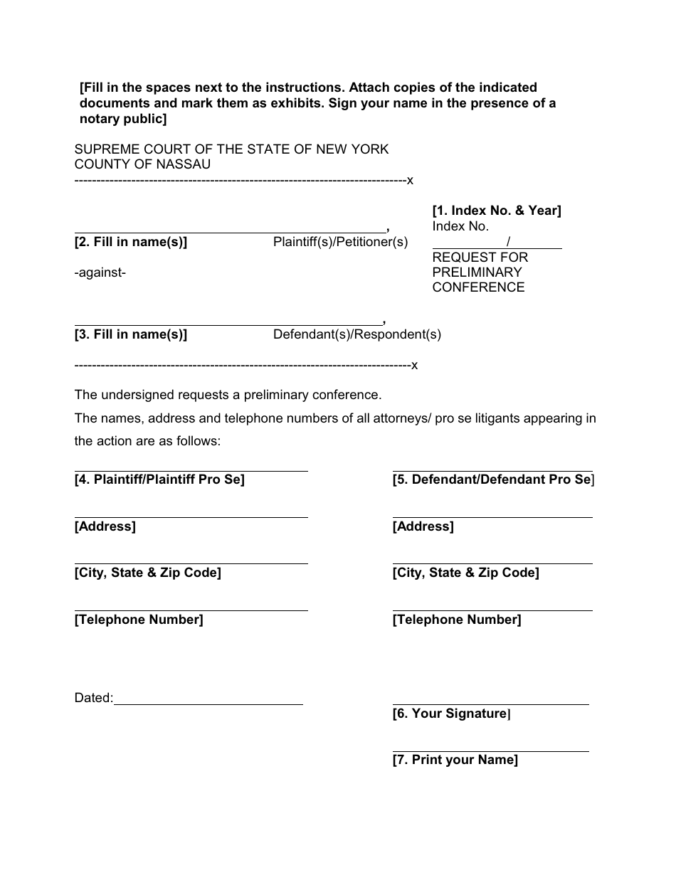 Form 34 Request for Preliminary Conference - Nassau County, New York, Page 1