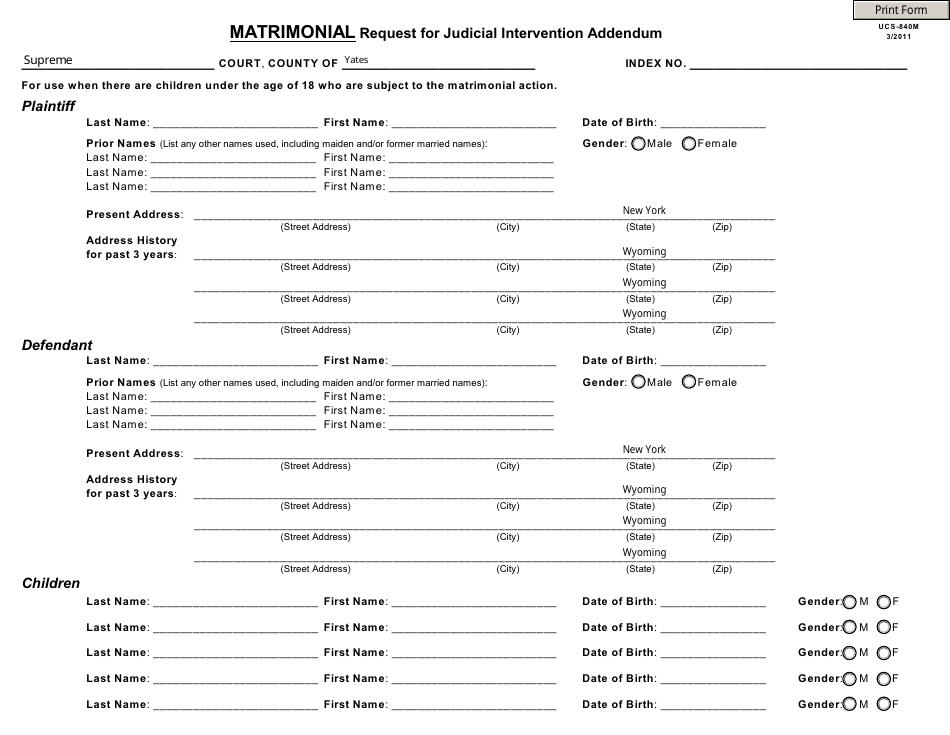 Form UCS-840M Matrimonial Request for Judicial Intervention Addendum - New York, Page 1