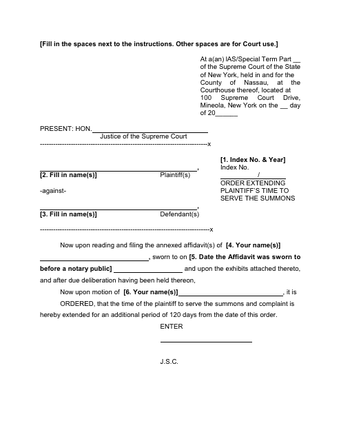 Order Extending Plaintiff&#039;s Time to Serve the Summons - Nassau County, New York