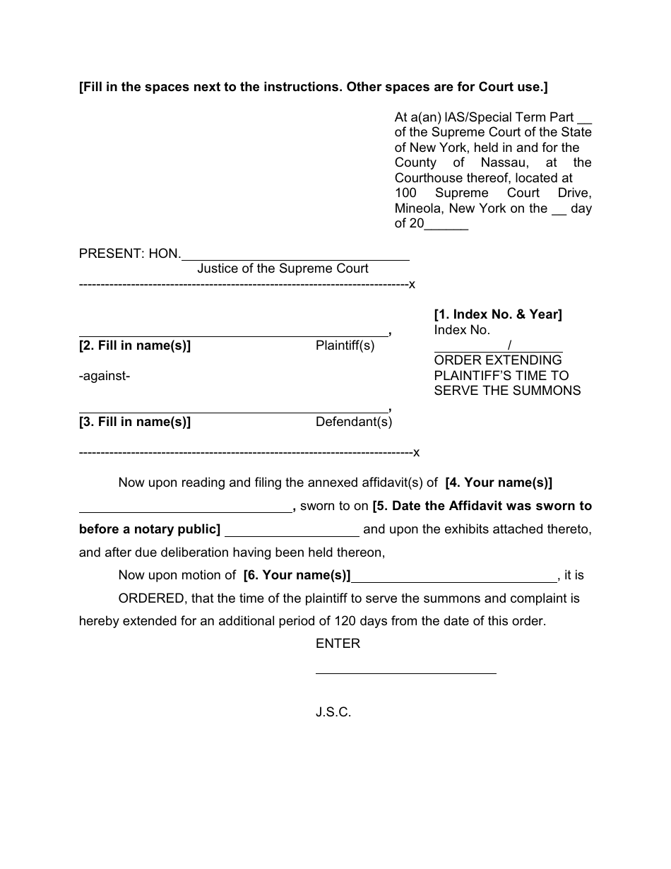 Order Extending Plaintiffs Time to Serve the Summons - Nassau County, New York, Page 1