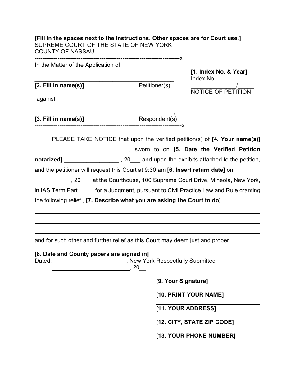 Notice of Petition, Petition, Verification in a Special Proceeding - Nassau County, New York, Page 1