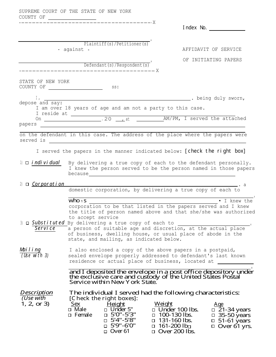 Affidavit of Service of Initiating Papers - New York, Page 1