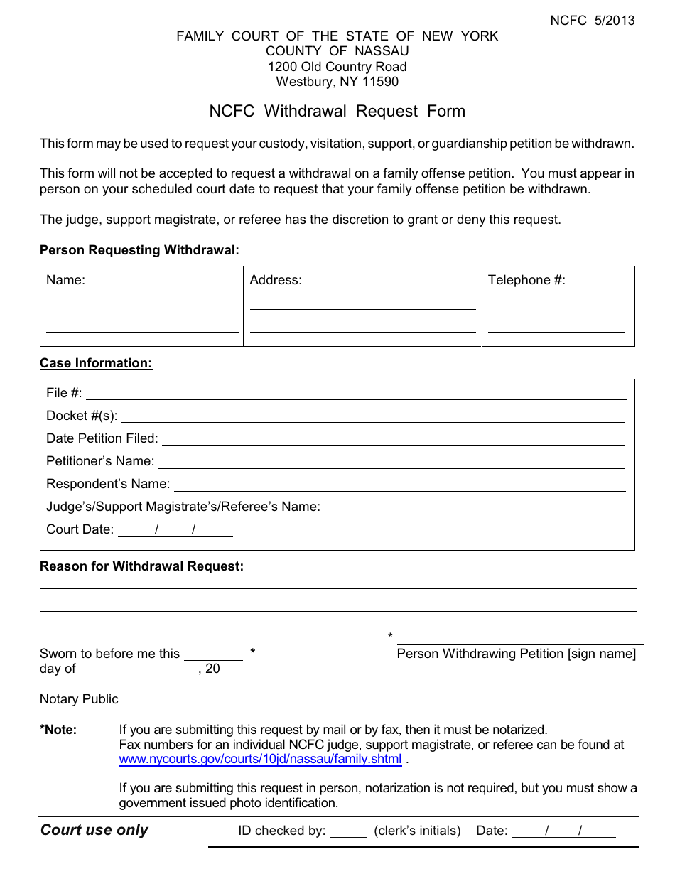 Ncfc Withdrawal Request Form - Nassau County, New York, Page 1