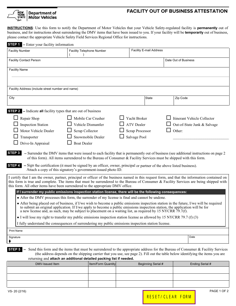 Form VS-20 Facility out of Business Attestation - New York, Page 1