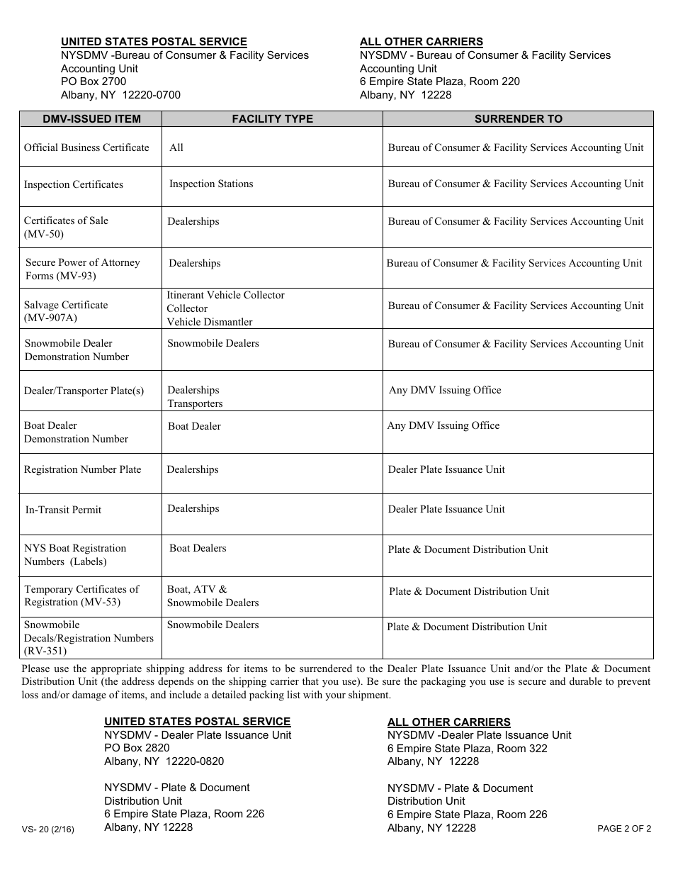 Form VS-20 Facility out of Business Attestation - New York, Page 2