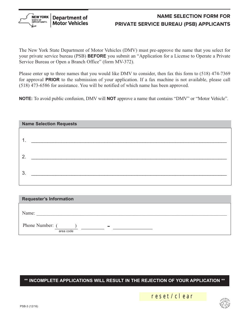 Form PSB-3 Name Selection Form for Private Service Bureau (Psb) Applicants - New York, Page 1