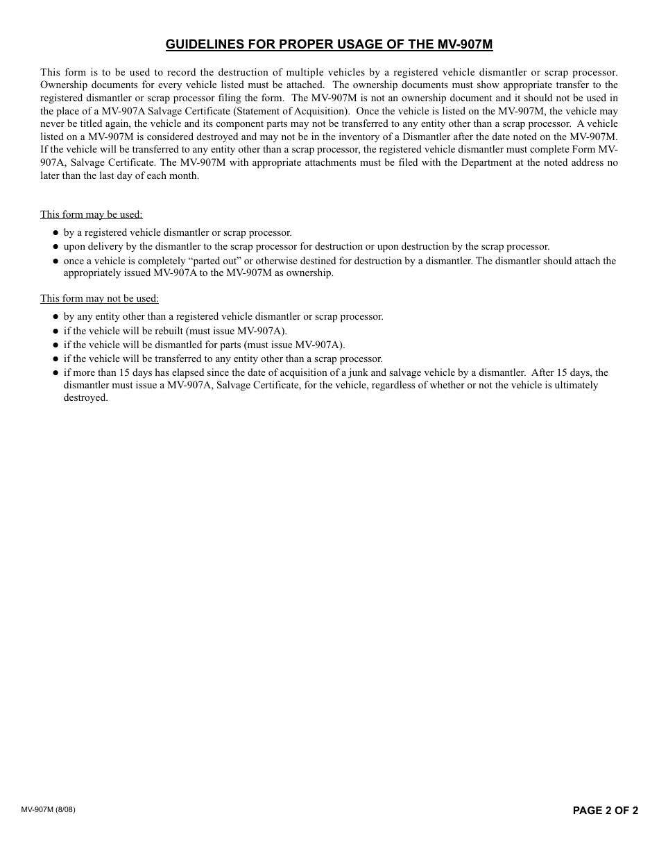 Form MV-907m Disposition for Junk and Salvage Vehicles - New York, Page 2