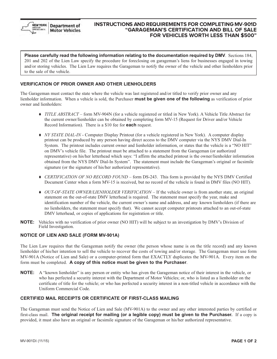 Instructions for Form MV-901D Garagemans Certification and Bill of Sale for Vehicles Worth Less Than $500 - New York, Page 1