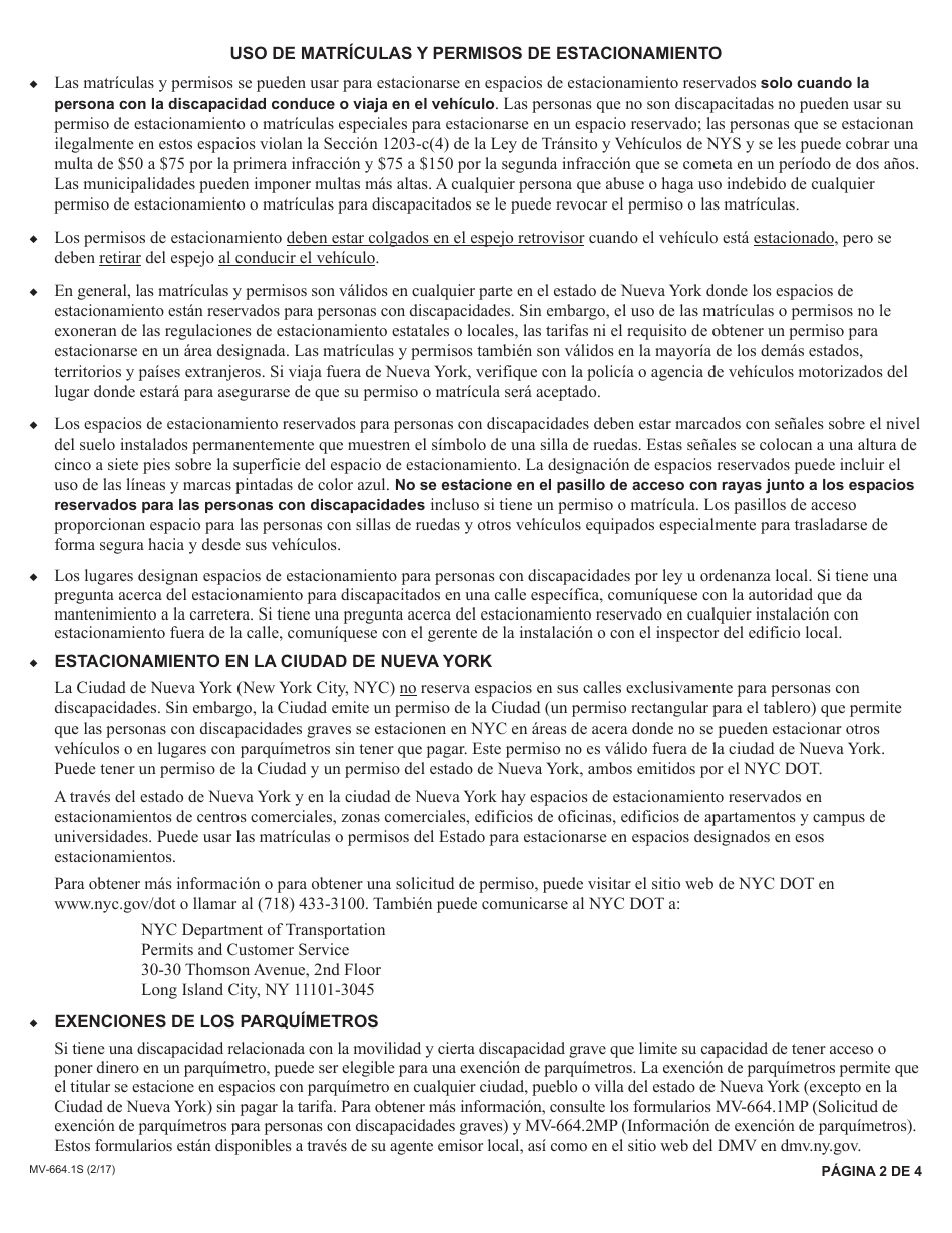 Formulario MV-664.1S Solicitud De Un Permiso De Estacionamiento O Matriculas, Para Personas Con Discapacidades Graves - New York (Spanish), Page 2