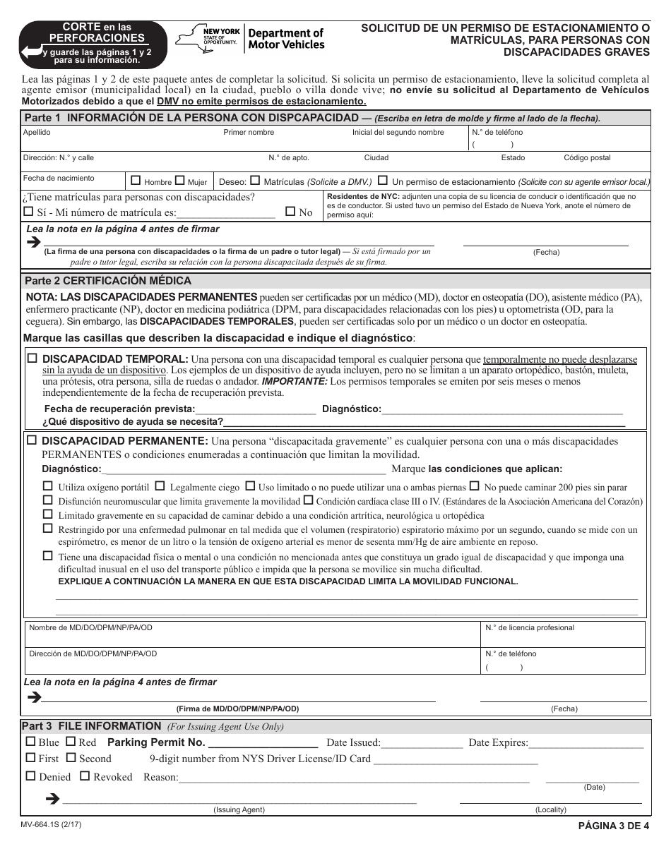 Formulario MV-664.1S Solicitud De Un Permiso De Estacionamiento O Matriculas, Para Personas Con Discapacidades Graves - New York (Spanish), Page 3