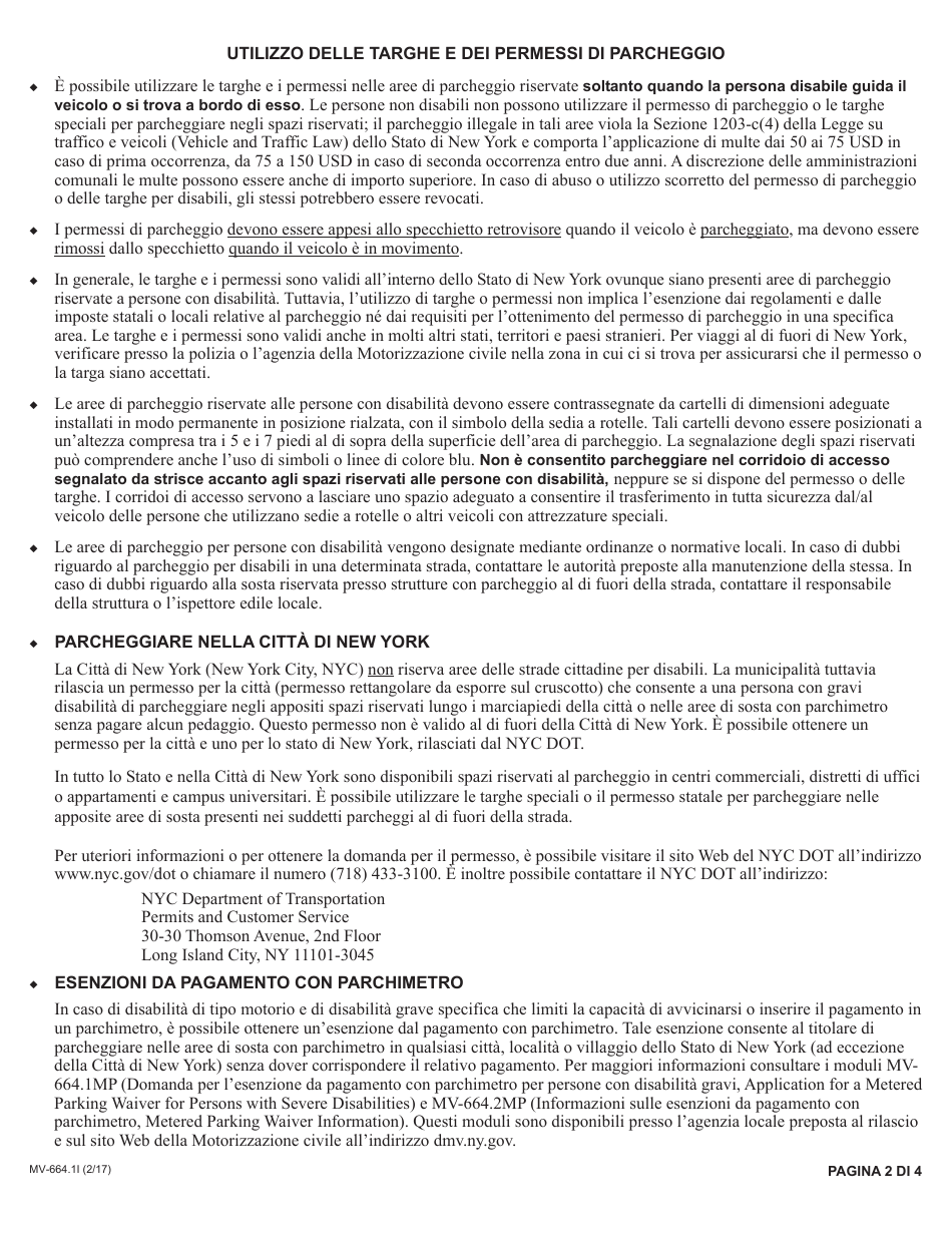 Form MV-664.1I Application for a Parking Permit or License Plates, for People With Severe Disabilities - New York (Italian), Page 2