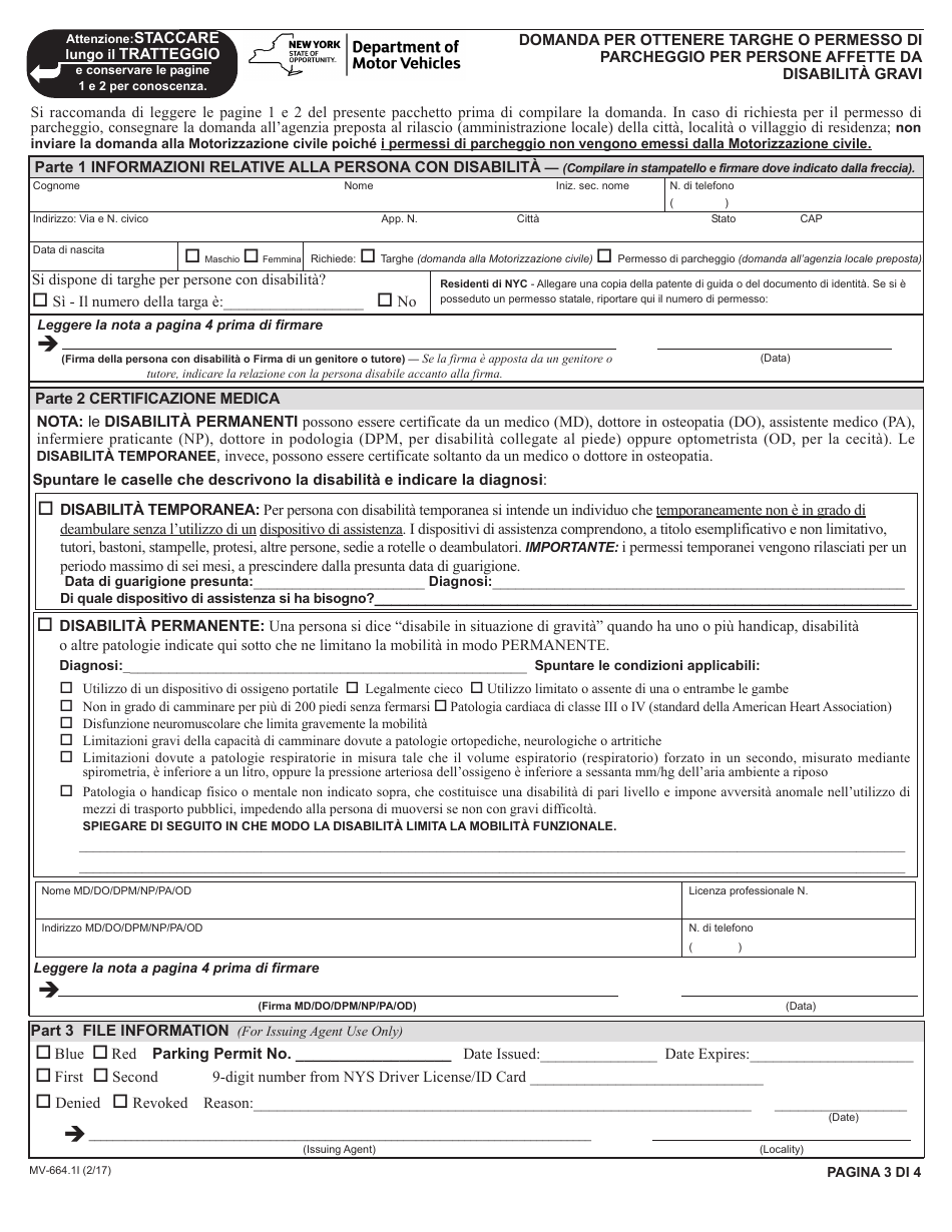 Form MV-664.1I Application for a Parking Permit or License Plates, for People With Severe Disabilities - New York (Italian), Page 3
