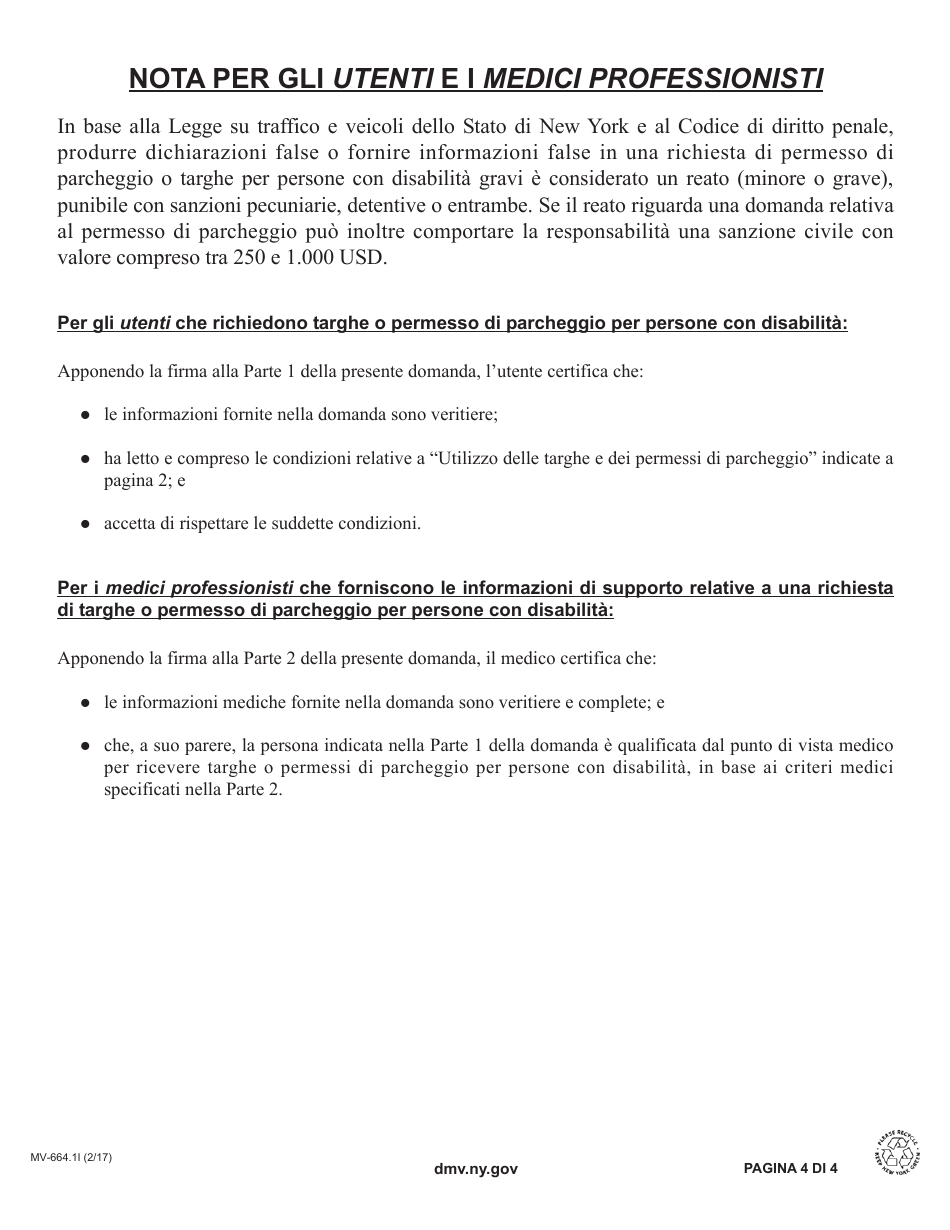 Form MV-664.1I Application for a Parking Permit or License Plates, for People With Severe Disabilities - New York (Italian), Page 4
