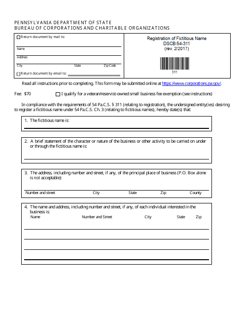 Form DSCB:54-311 Registration of Fictitious Name - Pennsylvania
