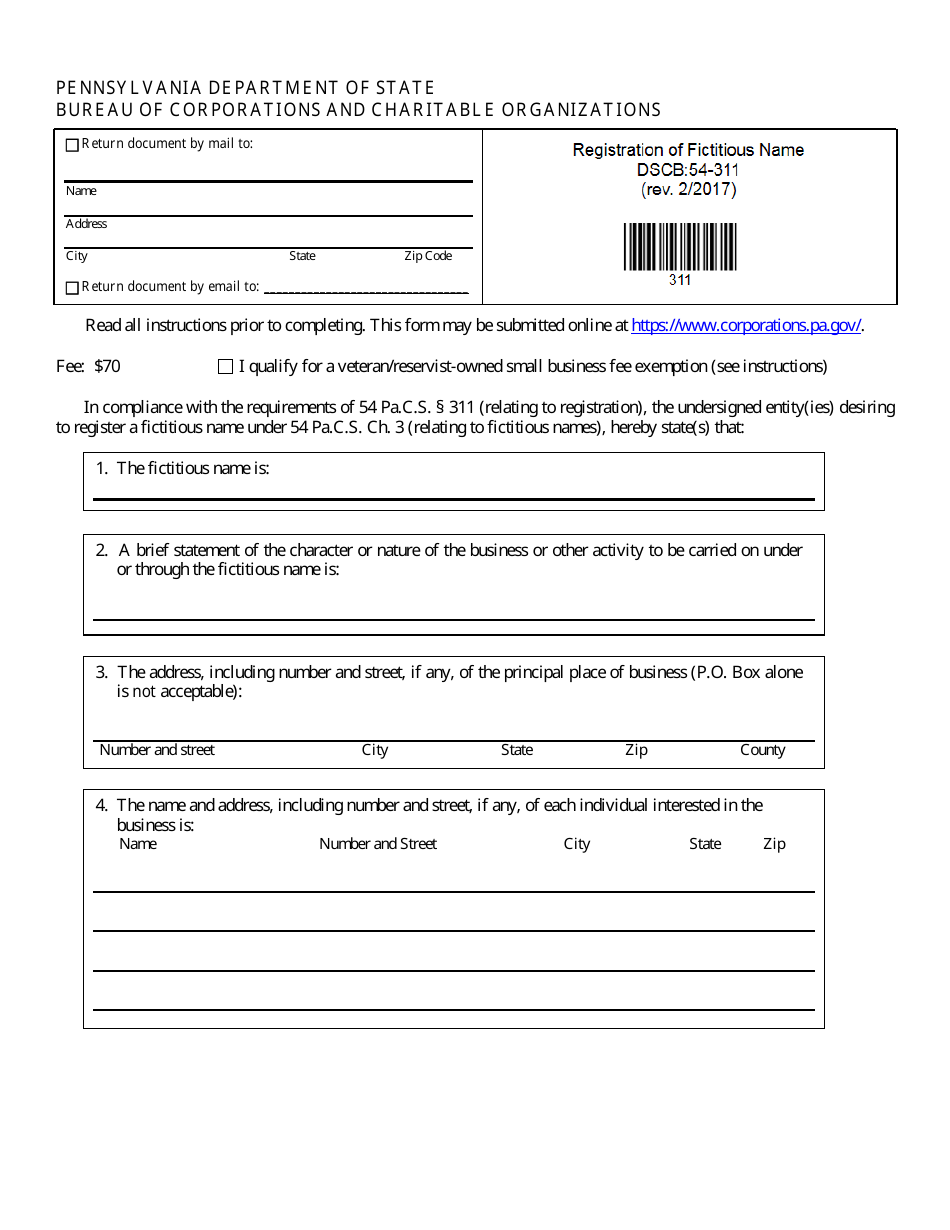 Form DSCB:54-311 Registration of Fictitious Name - Pennsylvania, Page 1