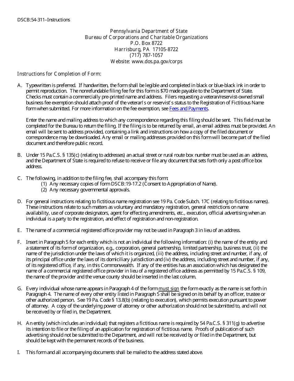 Form DSCB:54-311 Registration of Fictitious Name - Pennsylvania, Page 3