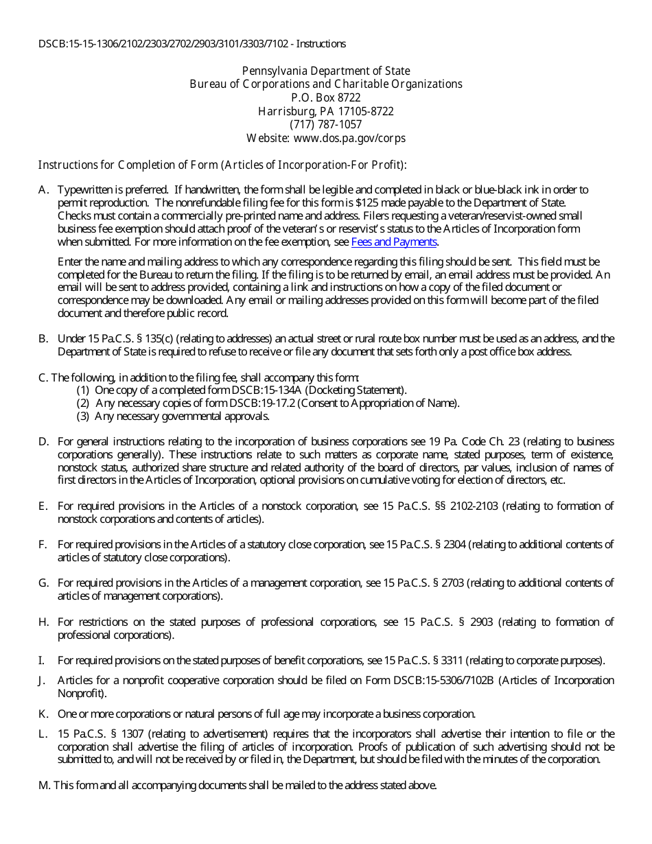 Form DSCB:15-1306 / 2102 / 2303 / 2702 / 2903 / 3101 / 3303 / 7102 Articles of Incorporation - for Profit - Pennsylvania, Page 3