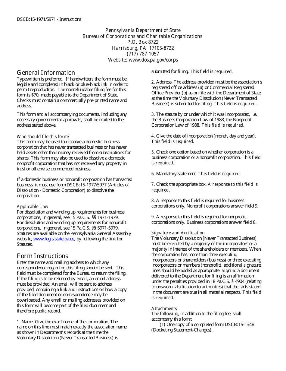 Form DSCB:15-1971 / 5971 Voluntary Dissolution (Never Transacted Business) - Pennsylvania, Page 3