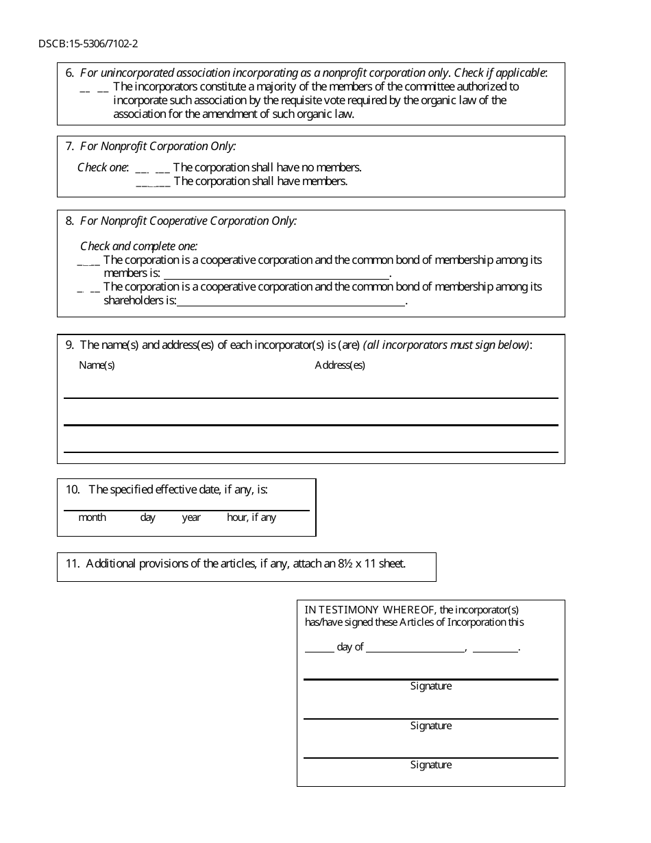Form DSCB:15-5306 / 7102 Articles of Incorporation - Nonprofit - Pennsylvania, Page 2